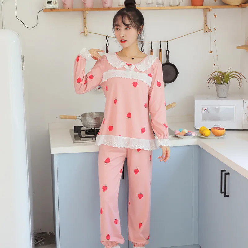 

2018 Long Sleeve Pajamas Women's Spring And Autumn New Products Qmilch Lace Princess Lace Cartoon Strawberry Leopard Household S