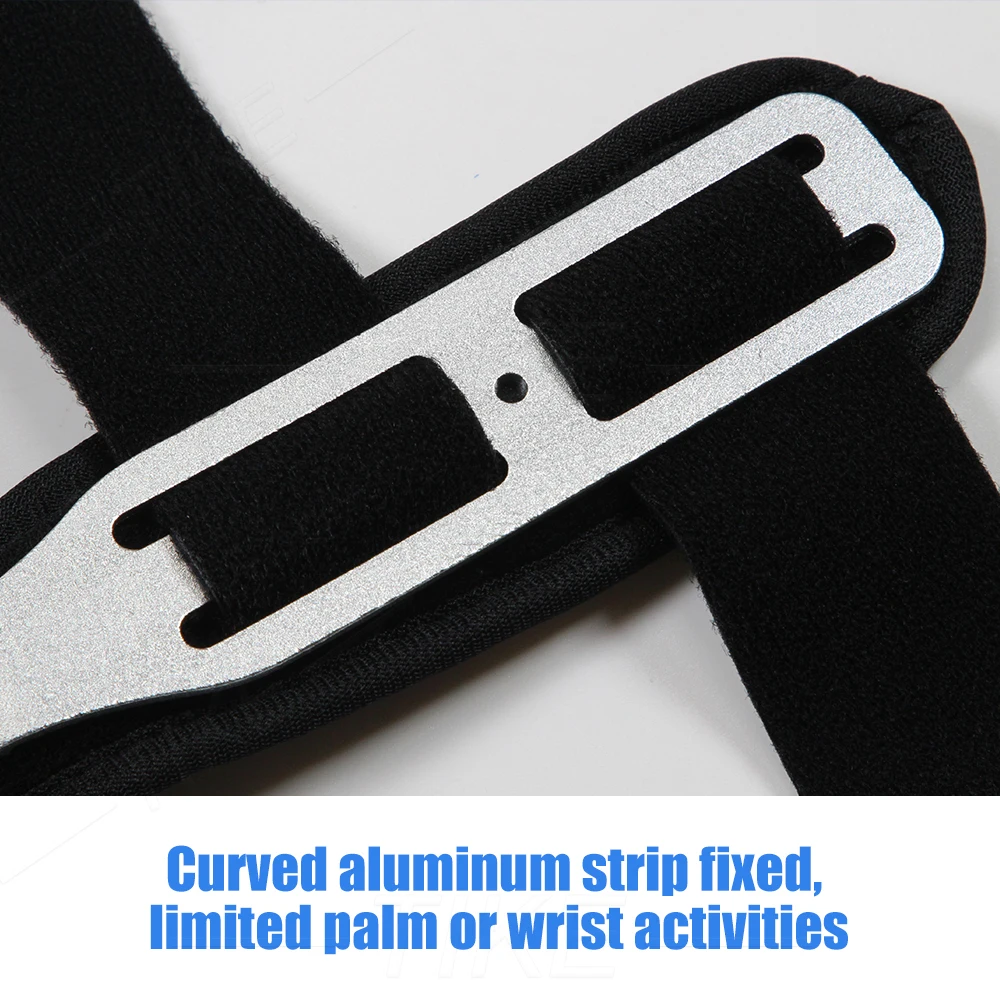 The metal splint wrist stabilizer brace being worn on a wrist with both hook and loop fastener straps secured, showing how the adjustable straps provide a firm, personalized compression fit.