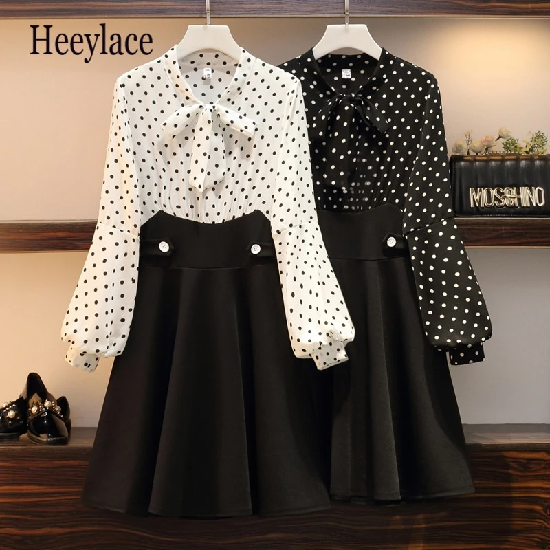 

Plus Size 2019 Autumn Women Splice Sweet Polka Dot Fake Two Pieces Dresses Female Vintage Pleated Chiffon Dresses Vestidos 4XL