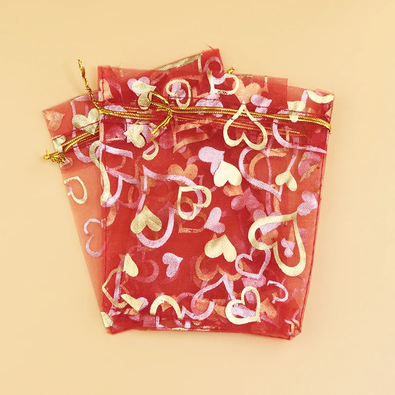 

11x16cm (4.3"x6.3") 500pcs Red Organza Bags Heart Wedding Favor Candy Jewelry Packaging Bags Organza Pouches Drawstring Gift Bag
