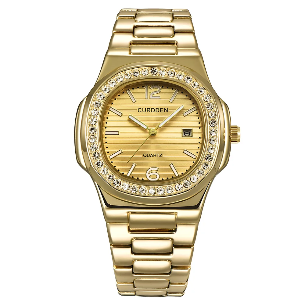 

Mens Square Full Gold Diamond Watch Gold Top Brand Luxury Golden Quartz Wrist Watches Steel Waterproof Date Clock Reloj Hombre