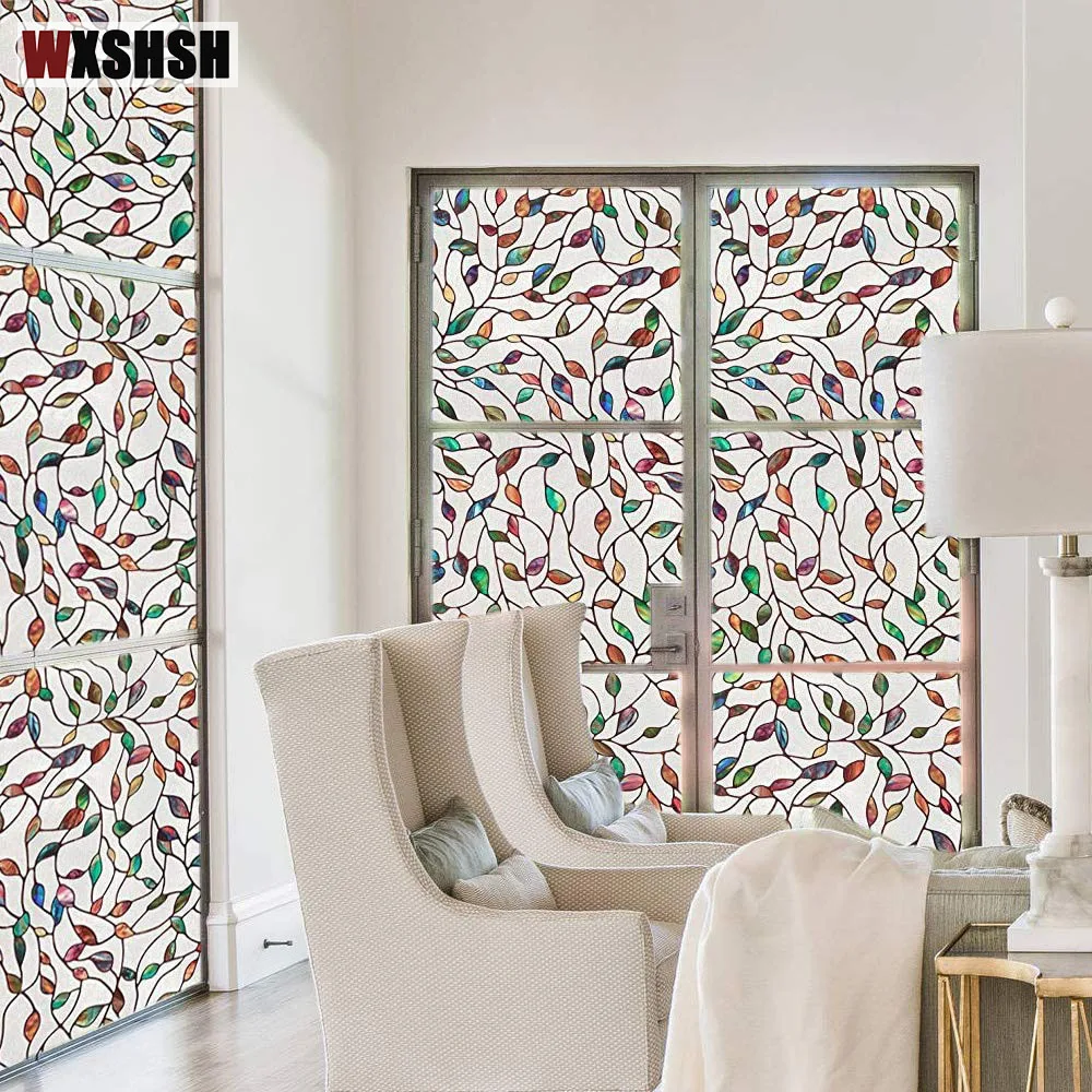 Stained Leaf Window Film Electrostatic Heat-Proof Privacy Protection Reusable Removable Home-Decor Window Covering