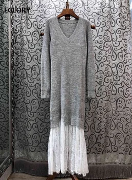 

2019 Autumn Winter Fashion Sexy Sweater Dress High Qality Women V-Neck White Lace Patchwork Long Sleeve Grey Knitted Dress