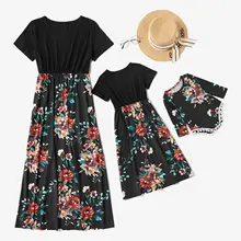 Traje con estampado para padres e hijos, vestido Floral de manga corta cosido a la moda, Color liso, novedad de 2021