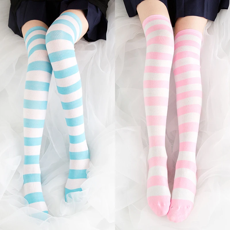 Japanese cute Harajuku wind striped stockings over the knee socks cute blue  and white calf socks knee socks thigh socks