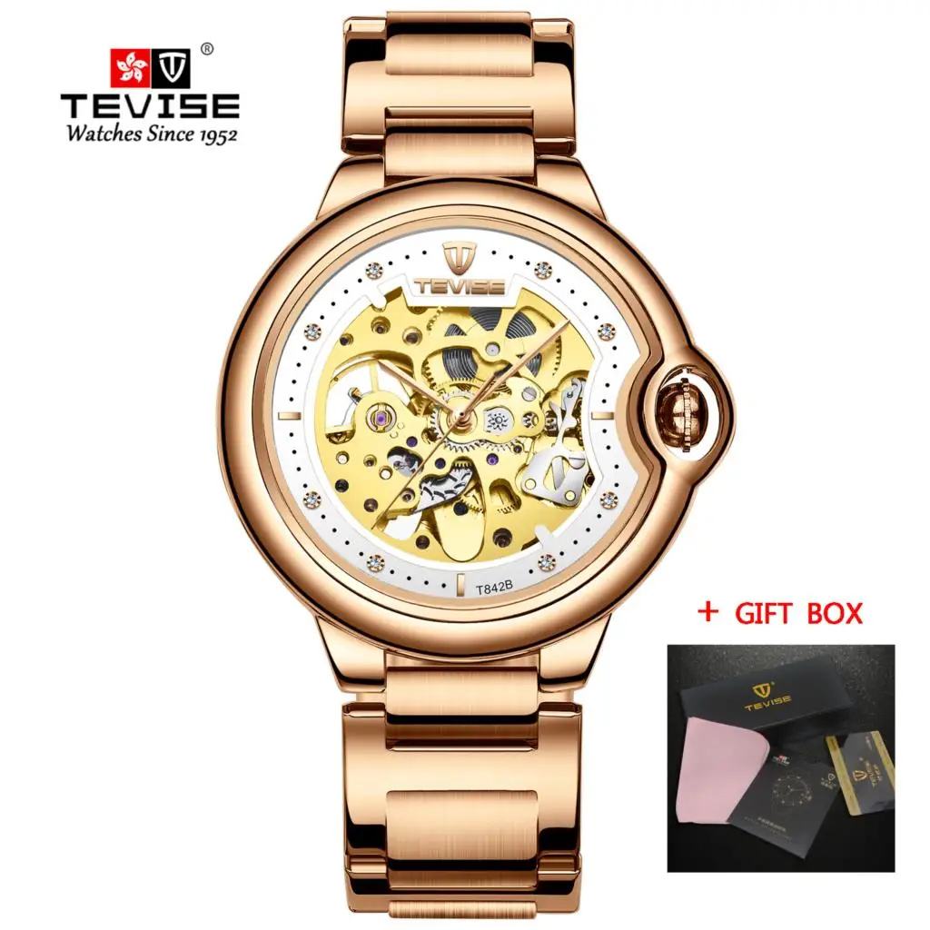 steel rosegold white Tevise Топ бренд для мужчин s часы автоматические механические часы полый Скелет Tourbillon наручные часы для мужчин Relogio Masculino - Цвет: steel rosegold white