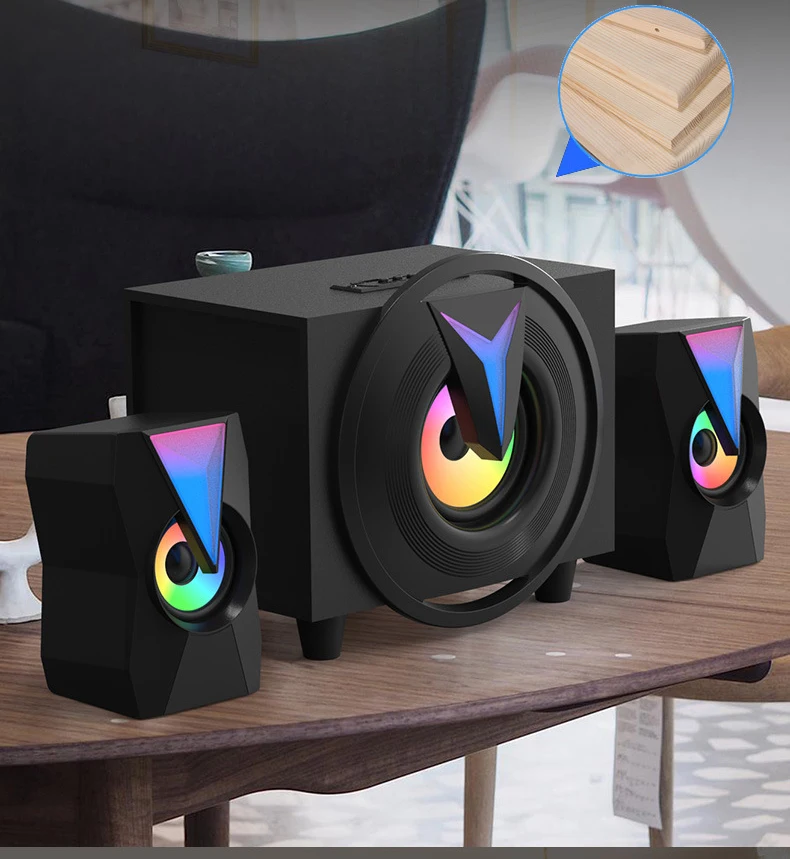 Wooden 3.5mm & Bluetooth Speaker Home Theater Subwoofer Speaker for Mobile Phone PAD TV Support SD Card Audio USB with Backlit