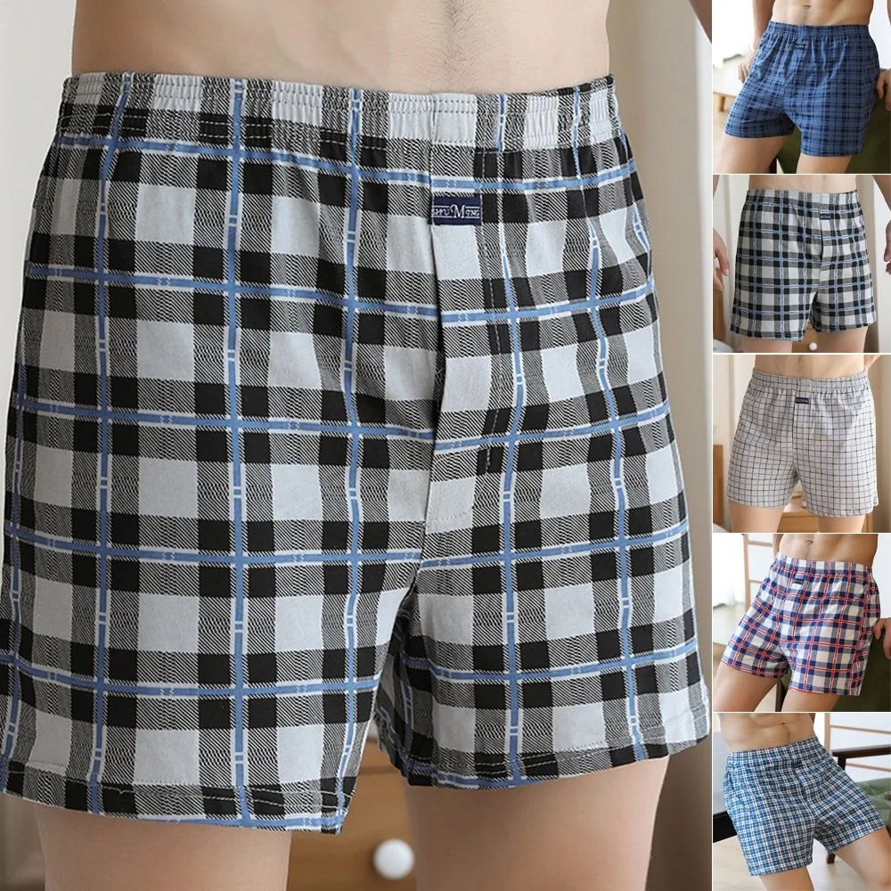 Men's Casual Loose Underwear Plaid Wide Leg Cotton Boxer Short Panties Home Wear Underpants Fashion Comfy Nightwear Bottom Pants funny boxers for men