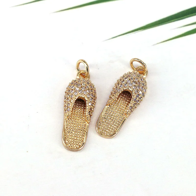 10Pcs Wholesale Slipper Hip Hop Pendant, Shiny Gold-color cz zircon Pendant, Enamel Slipper Charm Pendant DIY Jewelry Making