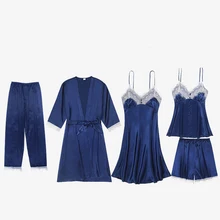 Сексуальный банбанный халат пижамный комплект Женский 5 шт ремень топ брюки костюм пижамы Повседневная Домашняя ночная рубашка кимоно Халат