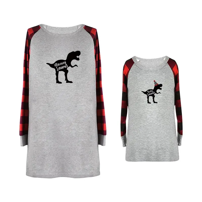 Семейные комплекты для мамы и дочки, клетчатая хлопковая осенне-зимняя футболка с длинным рукавом и принтом динозавра - Цвет: color 1
