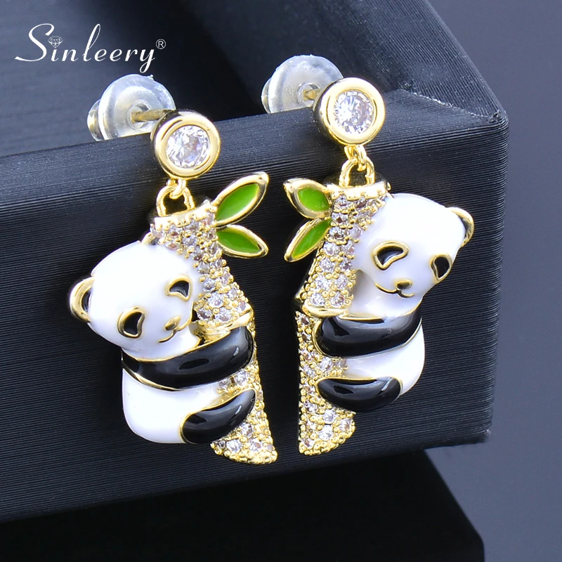 Женские серьги капли SINLEERY милые с эмалью и пандой золотые для ушей модные