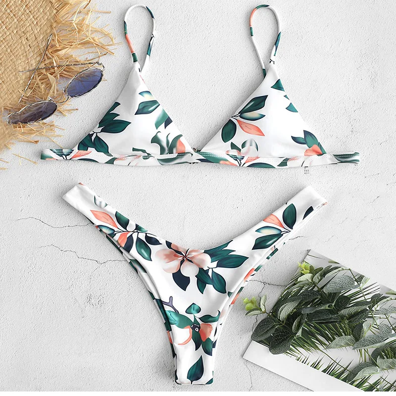 

2019 Women Leaf Print High Leg Bikini Set Bathing Suit Women Push Up Bikini Maillot De Bain Femme Female Sexy Swimwear Swimsuit