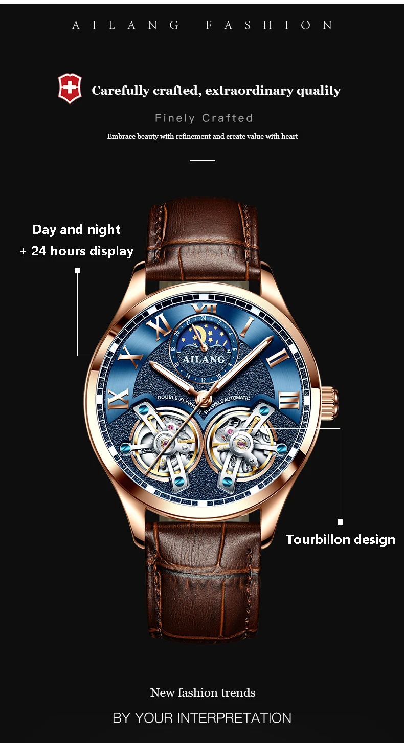 AILANG Original Design men's Double Flywheel Automatic Mechanical Watch Fashion Leisure Business Luxury Clock