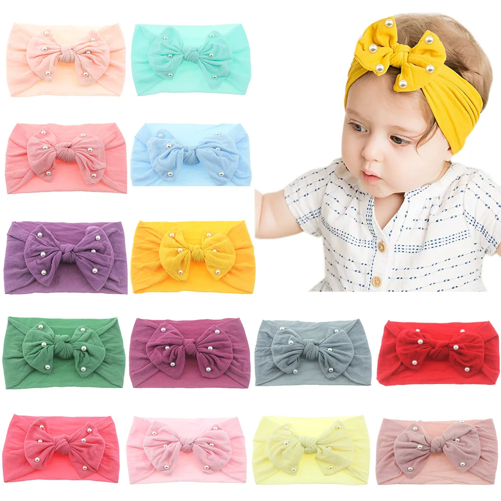 

Europe And America Super Soft Seemless Handmade Beaded Bowknot Wide Nylon Elastic Ribbon Baby Children Cute Hair Accessories