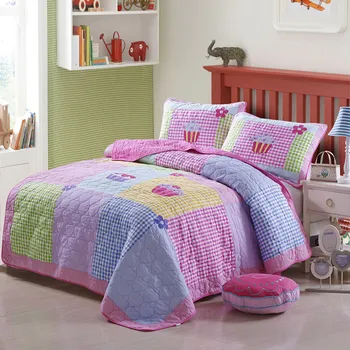 

Free shipping children cartoon girl cake embroidered handmade patchwork quilt 2pcs twin/single size bedspread bed cover