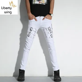

Autumn New Brand White Patchwork Punk Style Mens Pencil Pants Full Length Fashion Night Club Wear Slim Fit Stretch Male Trousers