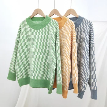 

2019 New large size autumn winter knit sweater women plaid long sleeve pullovers Loose casual tops bottoming sweater female 2938