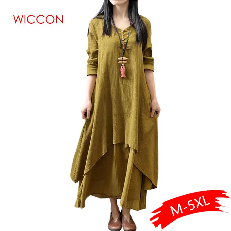 

1pc New Fashion Women Chinese Retro Style Fresh Girl Summer Sexy Literary Solid Linen Dress Plus Size