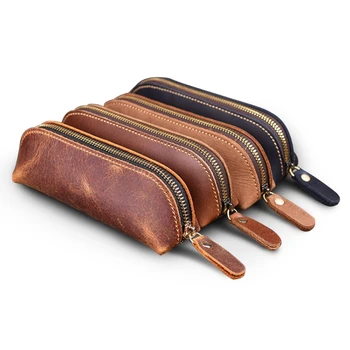 

Handmade Genuine Leather Pencil Bag Vintage Cowhide Zipper Pen Case School Bag Dropship