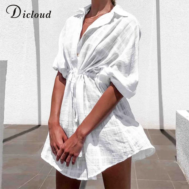 DICLOUD Casual White Plaid Shirt Dress Women Summer Beach Pareo Cover-up Sundress Casual Tunic Sexy Cotton Dresses mother of the groom dresses