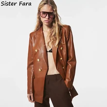 Sister Fara 2021 Autumn Winter Fashion PU Leather Blazer Coat Women's Double-breasted Jacket Ladies Slim Solid PU Leather Blazer