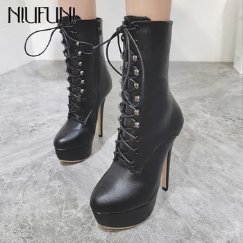 

Women Boots Super High Heels Platform Ankle Boots Cross Tied Black Motorcycle Boots Sexy Lace Up Female Boots Woman Shoes