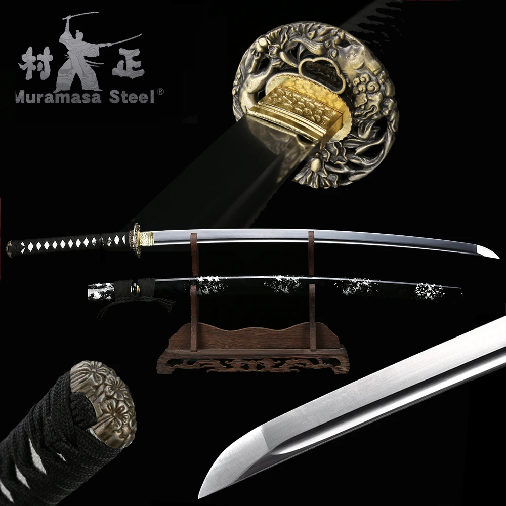 Real Japanese Katana Spring Steel Blade Full Tang Sharp Ready For Battle Handmade Samurai Sword Black