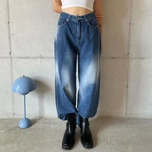 WeiYao Blue Baggy Mom Jeans Woman Low Waist Hippie Straight Pants Gradient Vintage Casual Denim Trousers Korean Streetwear Y2K