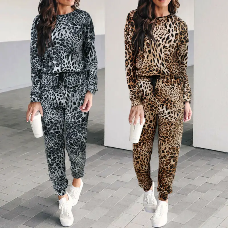 Осень 2019 Modis женский спортивный костюм Casaul леопардовый комбинезон Облегающий комбинезон длинный рукав топ + длинные тонкие брюки женский