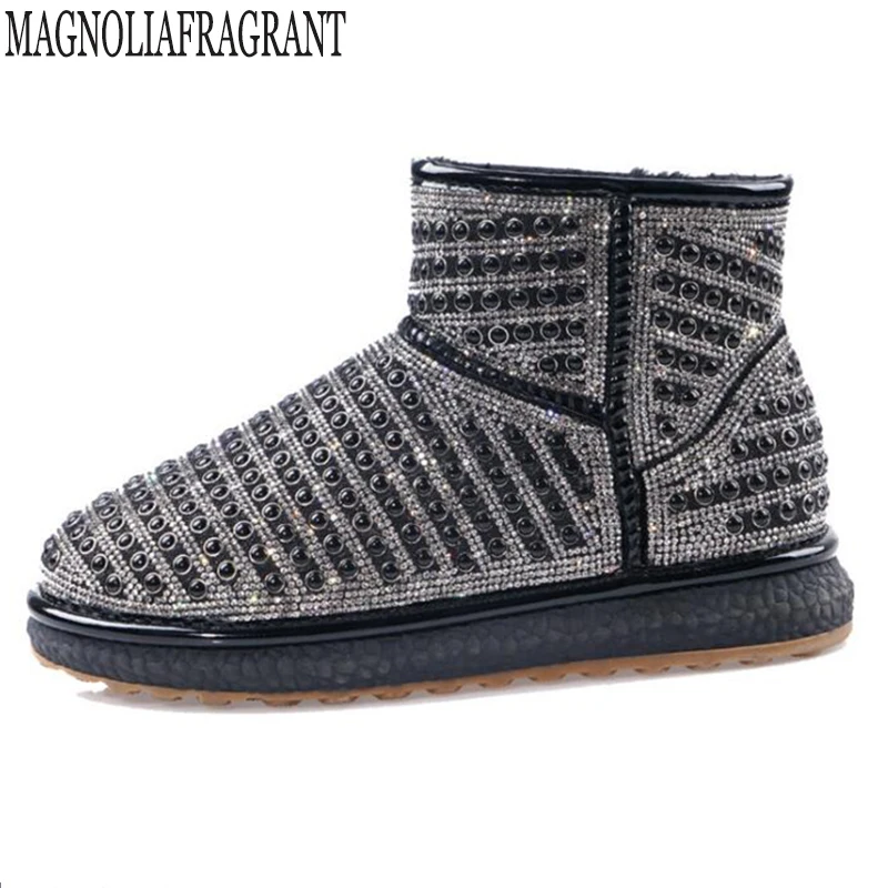 

Women Warm Fur Snow Boots 2019 Handmade Shiny Rhinestones waterproof Flat Ankle Boots Winter Thick cotton shoes botas mujer y249