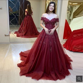 

2019 Vestido De Festa burgundy tulle ball gown lace appliques prom dresses off the shoulder v neck beaded stylish prom gowns