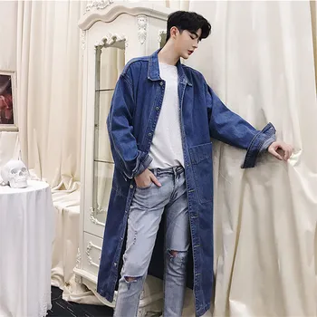 

Spring Long Denim Windbreaker Men Loose Single-Breasted Denim Trench Coat 2019 Autumn New Fashion Large Size Men's Coat JIA435