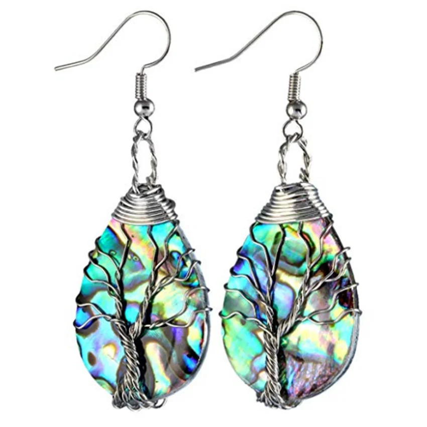 

FYJS Unique Water Drop Jewelry Silver Plated Wire Wrap Tree of Life Abalone Shell Hanging Hook Earrings