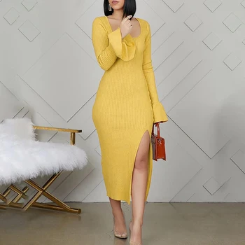 

Sexy Dresses Spring Split Bodycon Womens Dresses Clubwear Solid Color Full Flare Sleeves Streetwear Mid-calf Slim Pullover Femme