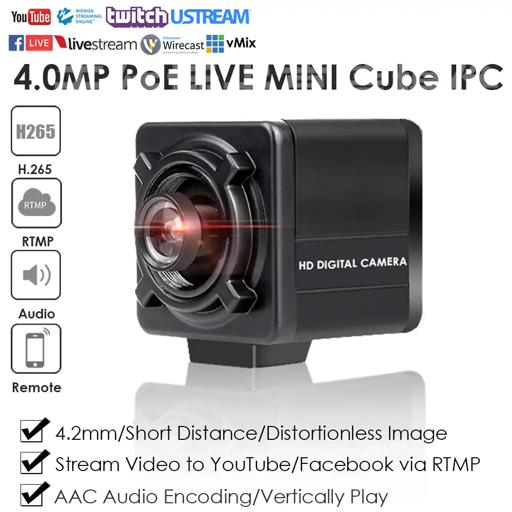 4 0mp Poe 無歪ミニキューブライブストリーミング Ip カメラストリーミングライブビデオ Youtube に Rtmp による Wowza ワット オーディオ Surveillance Cameras Aliexpress