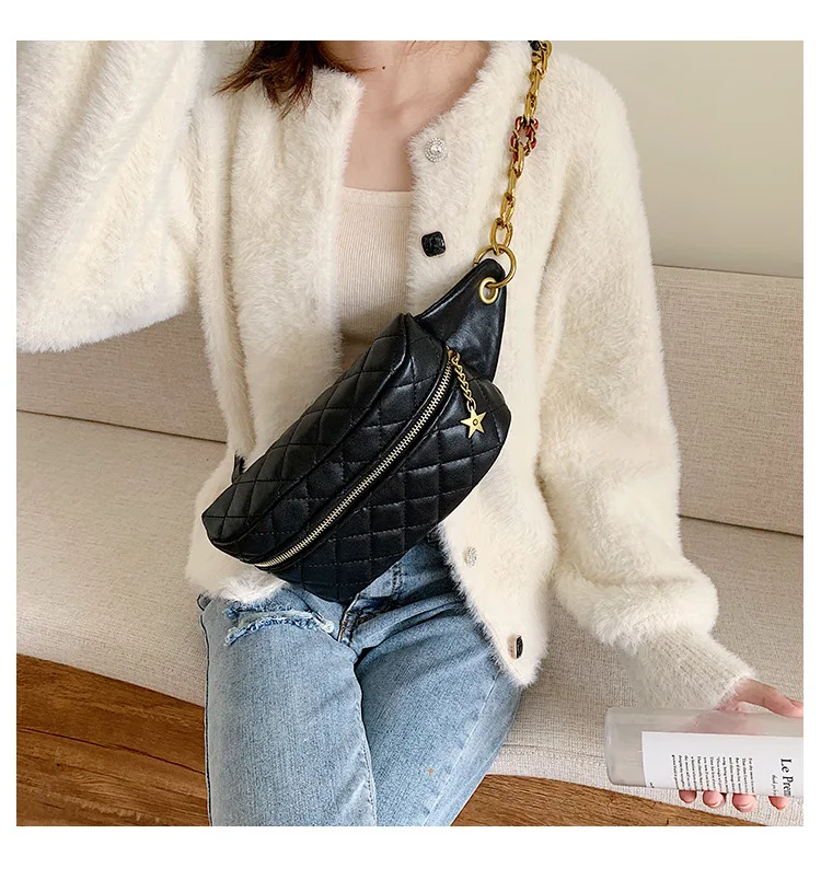 JI HAO Brand Design Diamond Lattice Shoulder Bags Female PU Leather Chains Solid Chest Bag For Women Ladies Fashion Waist Bags