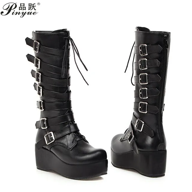 Gothic Punk Womens Platform Boots Black Buckle Strap Lace Up Creeper Wedges Shoes Mid Calf Military Combat Boots 2