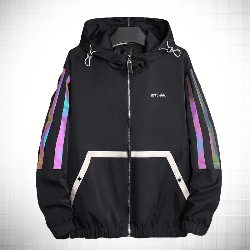 

Autumn Fashion Shimmering Jacket Men Hooded Coat Hyun Color Reflective Strip 3D Design Swag Streetwear Male Zipper Outerwear