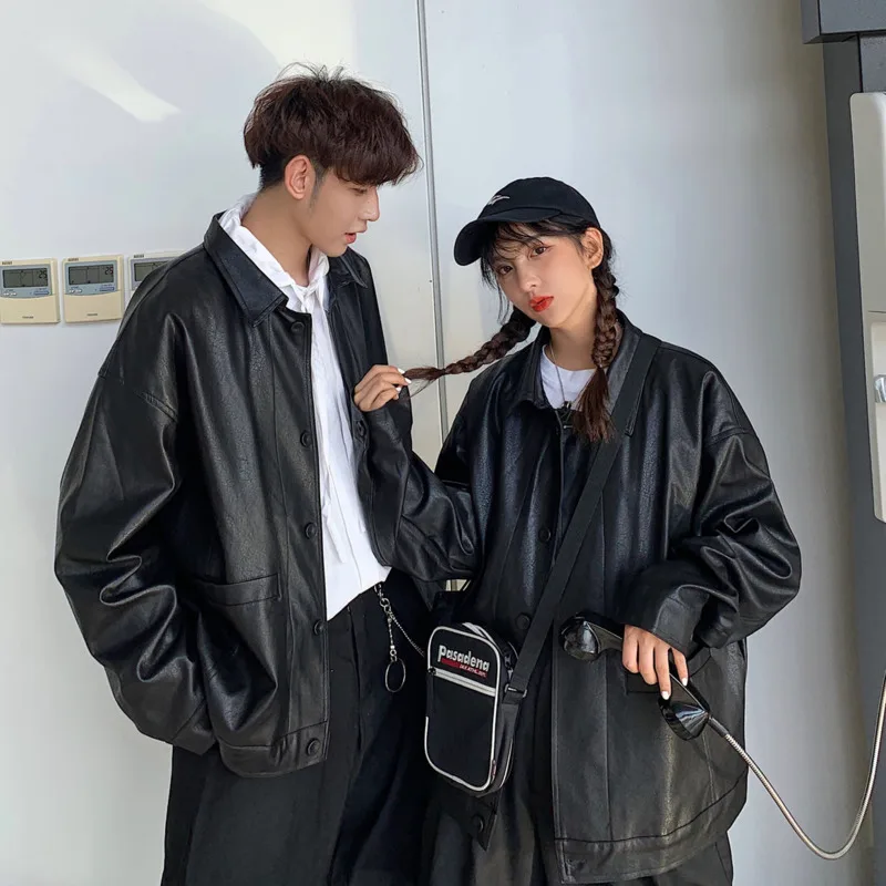 

Men's jacket 2020 autumn and winter new solid color handsome couple loose leather jacket young people fashion trend clothing