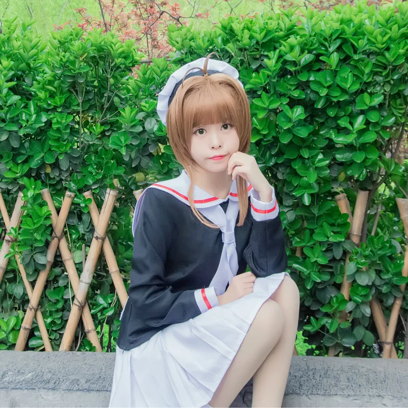 Card Captor Sakura Anime Cosplay Costume Girls Navy Collar Japanese School Uniform Sailor Suit Women Kawaii Lolita Dress Hat Set | Женская