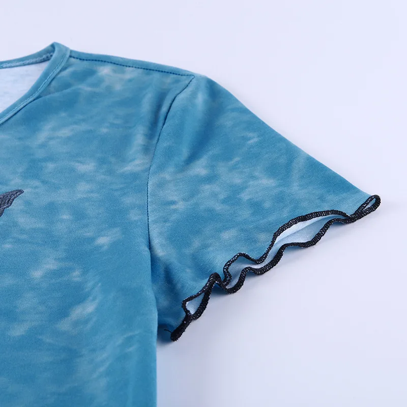 Blue Tye Die T Shirt Women Streetwear Harujuku Embroidery Butterfly Crop Top Button Tee Shirt Femme 90s Gothic Korean Clothes