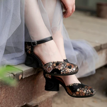 

Women Leather Sandals Black 5 Cm High Heels Chunky Shoes Summer Women Embroidery Sandals Handmade Horse Hair Retro Shoes Brand