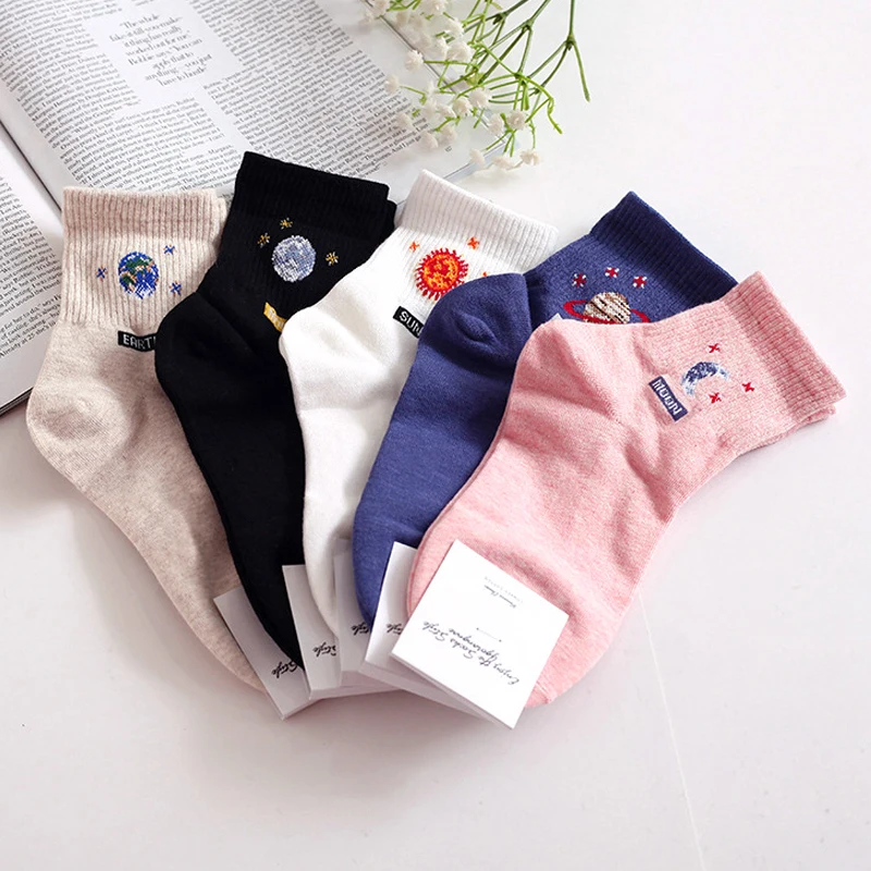 Хлопковые Повседневные носки Moon Sun Planet Science фантастика зимние носки теплые женские уличные милые забавные короткие счастливые носки до лодыжки