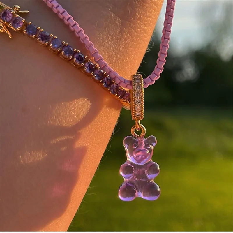 INS Korea Metallic Zircon Crystal Resin Color Teddy Bear Pendent Choker Necklace For Women Girls Party Jewelry HUANZHI 2021 | Украшения и