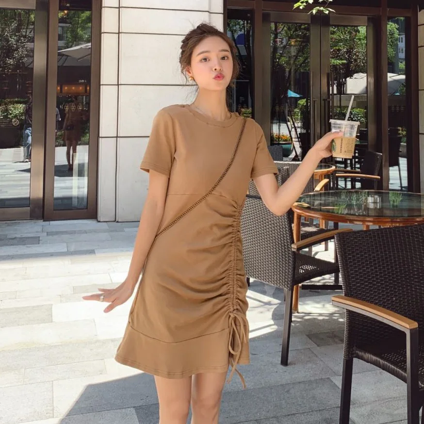 

Photo Shoot Sense of Design Vertical Drawstring Mid-length Women's Hepburn Wind Non-mainstream Young Short Sleeve Crew Neck Wais