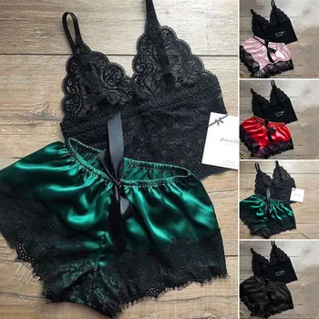 

Pajamas lace two-piece Suit Woman Night Wear set Plus size Sexy Lace Satin Sleepwear Lingerie Underwear Nightdress pijama mujer