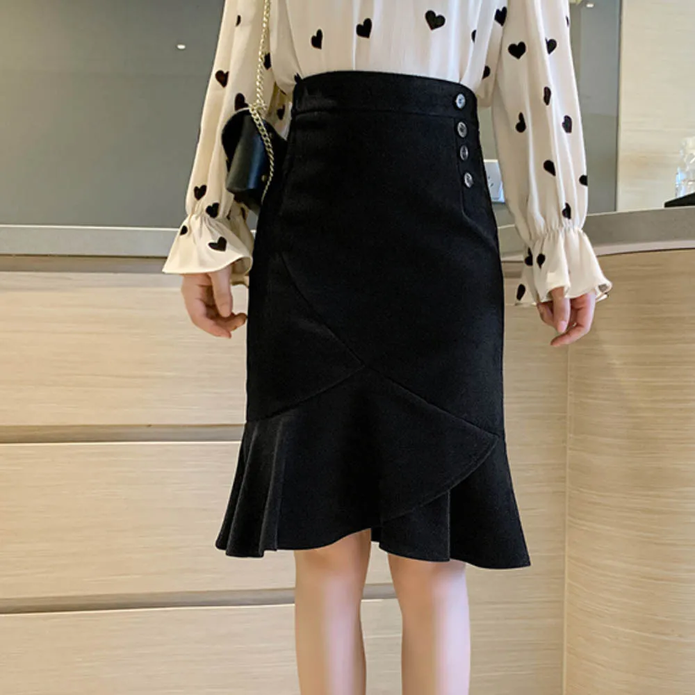Skirt women autumn and winter high waist woolen skirt fashion casual fishtail skirt solid slim irregular ruffled midi skirt - Цвет: Black skirt
