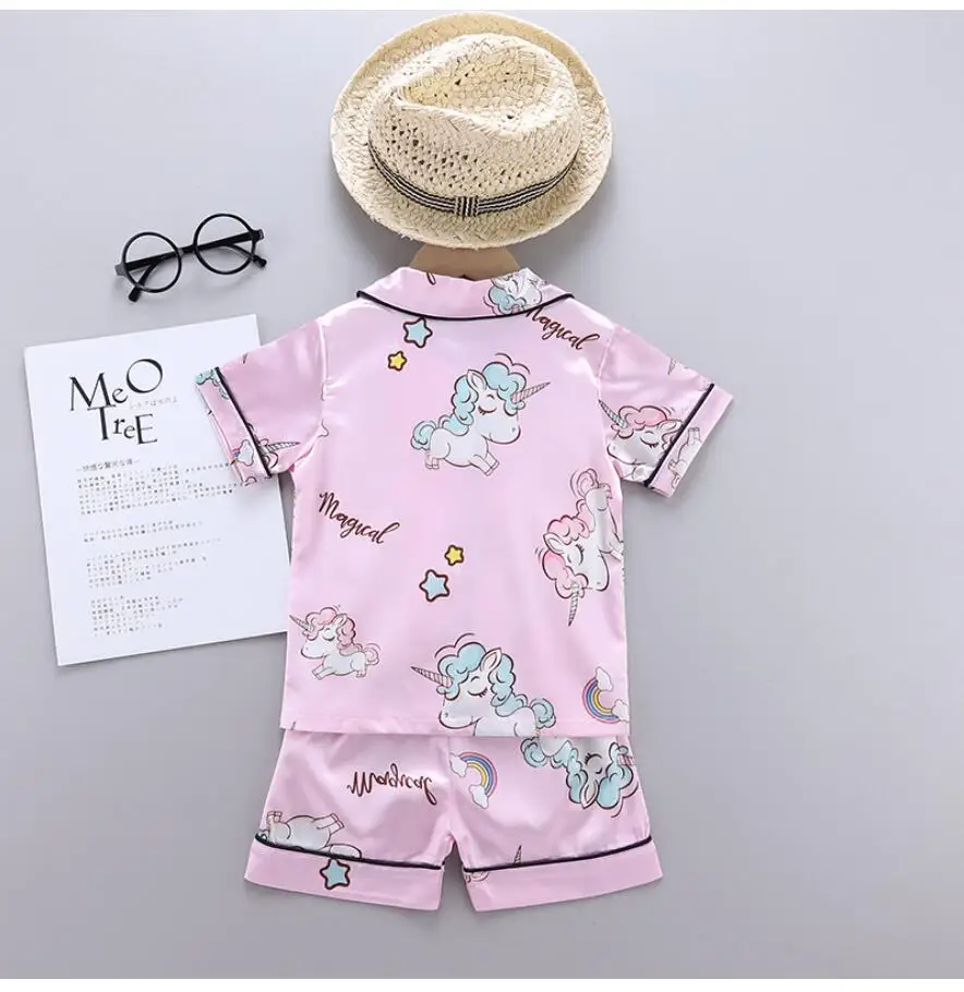 Children's Pajamas Set Summer Baby Suit Kids Clothes Toddler Boys Girls Lce Silk Satin Cartoon Printing Tops Pants 2pc Home Wear children's robe and slipper set