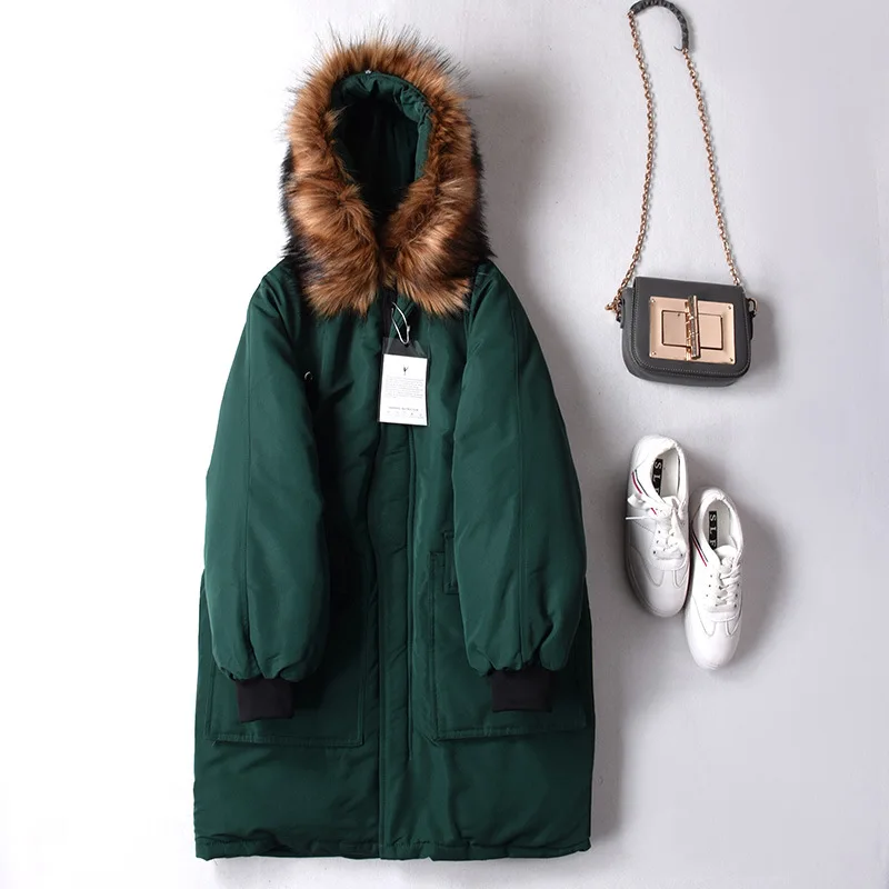 

2019 Winter Comfortable Drawstring Top Long Sleeve Mid-length Large Pocket Warm Solid Color Fur Collar Zipper Cotton-padded Clot